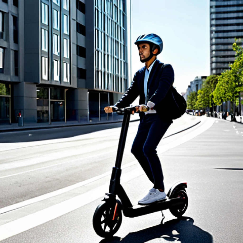 A professional adult, fully clothed in modest, professional urban attire, riding an electric scooter on a clean, well-lit urban bike lane during the day. They wear a modern, sleek, and well-ventilated helmet, perfectly fitted and showing subtle technological details. Modern city buildings are in the background. safe for work, appropriate content, fully clothed, professional, perfect anatomy, correct proportions, natural pose, well-formed hands, proper finger count, natural body proportions, high-quality professional photography, crisp details.