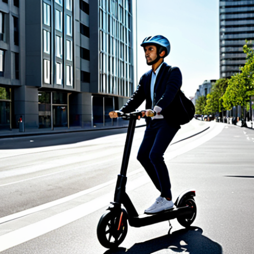 Home 4 A professional adult, fully clothed in modest, professional urban attire, riding an electric scooter on a clean, well-lit urban bike lane during the day. They wear a modern, sleek, and well-ventilated helmet, perfectly fitted and showing subtle technological details. Modern city buildings are in the background. safe for work, appropriate content, fully clothed, professional, perfect anatomy, correct proportions, natural pose, well-formed hands, proper finger count, natural body proportions, high-quality professional photography, crisp details.