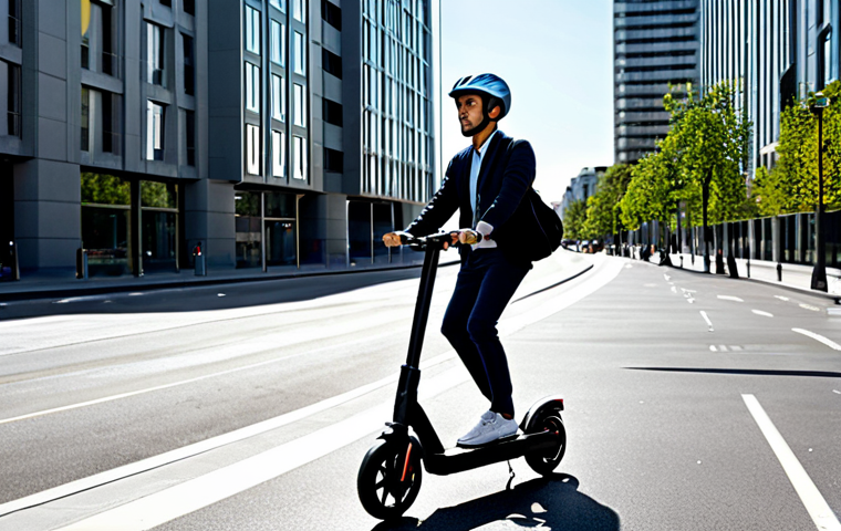A professional adult, fully clothed in modest, professional urban attire, riding an electric scooter on a clean, well-lit urban bike lane during the day. They wear a modern, sleek, and well-ventilated helmet, perfectly fitted and showing subtle technological details. Modern city buildings are in the background. safe for work, appropriate content, fully clothed, professional, perfect anatomy, correct proportions, natural pose, well-formed hands, proper finger count, natural body proportions, high-quality professional photography, crisp details.