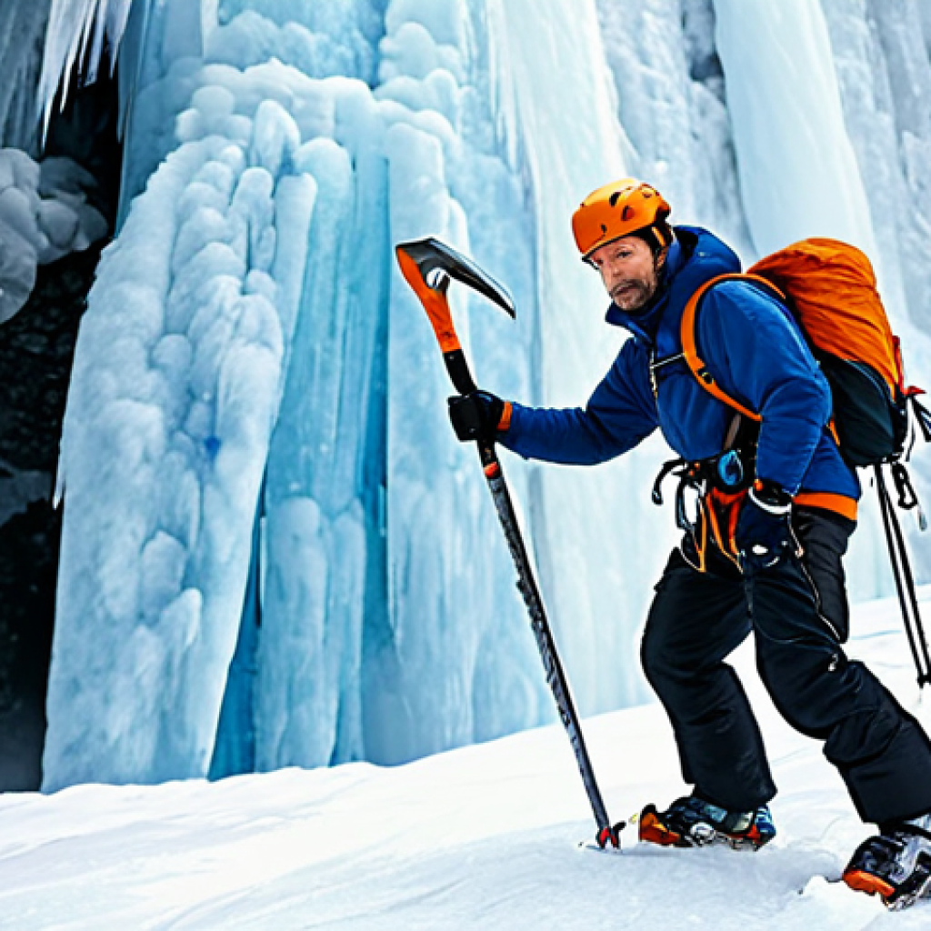 **

"A fully clothed ice climber, professional gear, focusing on ice axe placement on a frozen waterfall. Appropriate attire, helmet, gloves, harness visible. Safe for work. Background: frozen landscape, blue ice. Perfect anatomy, correct proportions, natural pose. High quality, professional photography, modest."

**
