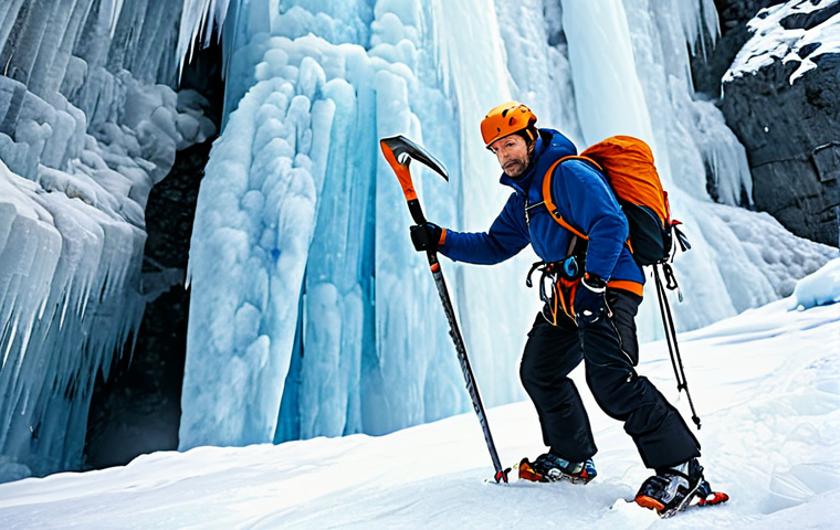 **

"A fully clothed ice climber, professional gear, focusing on ice axe placement on a frozen waterfall. Appropriate attire, helmet, gloves, harness visible. Safe for work. Background: frozen landscape, blue ice. Perfect anatomy, correct proportions, natural pose. High quality, professional photography, modest."

**