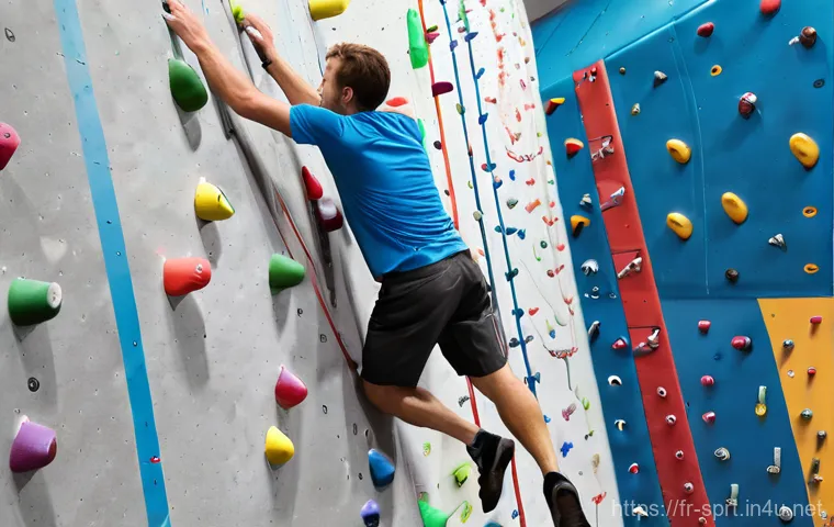 실내 클라이밍 홀드 세팅법 - **Prompt:** A determined female climber, dressed in athletic leggings and a fitted tank top, is exec...