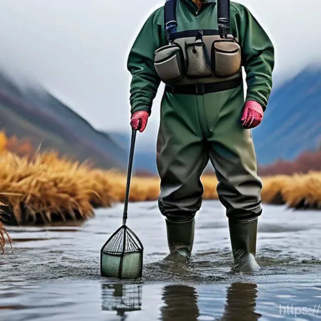 낚시용 장화 내구성 비교 - A male angler, mid-cast, standing waist-deep in a fast-flowing, clear mountain river during late aut...