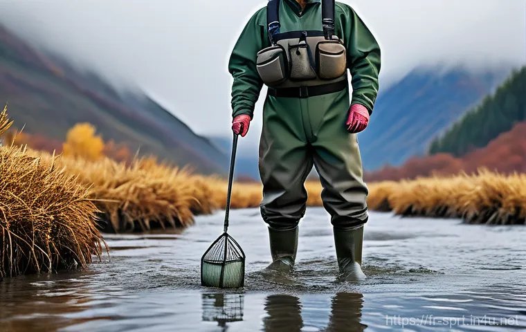 낚시용 장화 내구성 비교 - A male angler, mid-cast, standing waist-deep in a fast-flowing, clear mountain river during late aut...