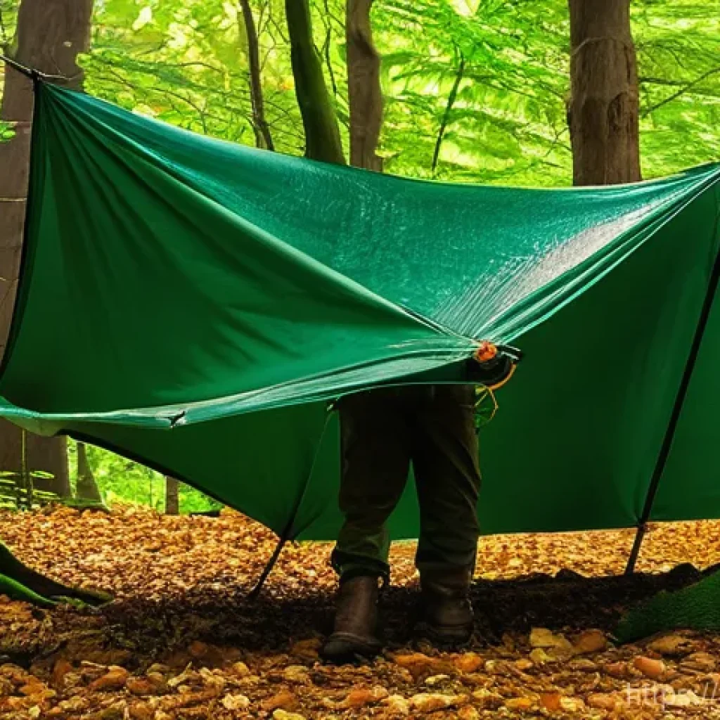 서바이벌 게임 장비 목록 - **Prompt:** A person expertly setting up a versatile green tarp shelter in a dense, temperate forest...