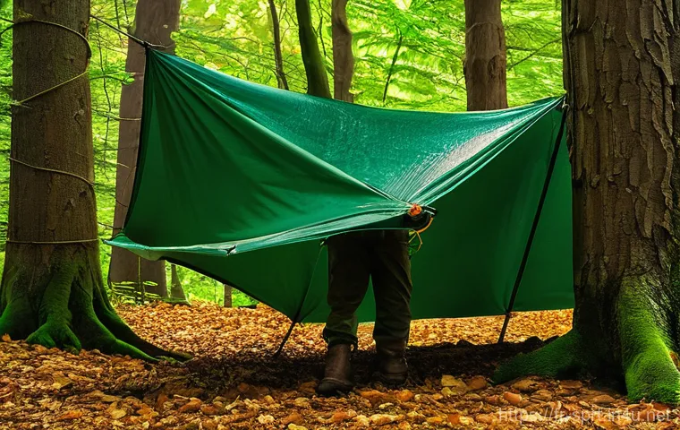 서바이벌 게임 장비 목록 - **Prompt:** A person expertly setting up a versatile green tarp shelter in a dense, temperate forest...