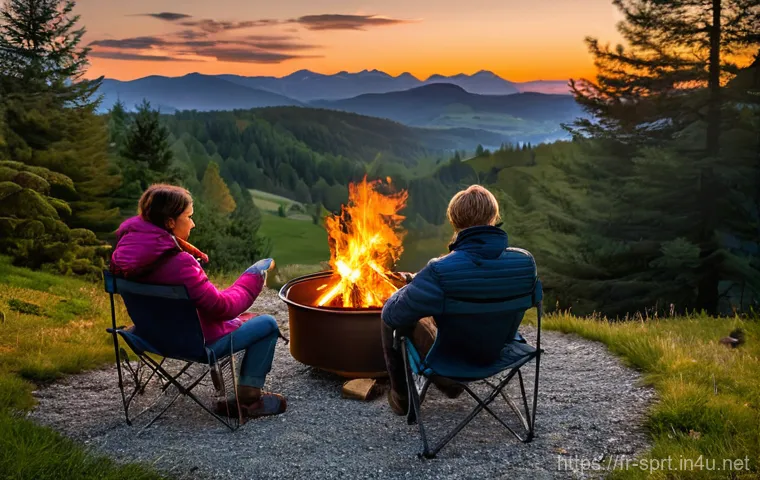 캠핑용 이동식 화로 추천 - **Prompt 1: Serene Evening at a Portable Campfire in the Jura Mountains**
"A cozy evening scene ...