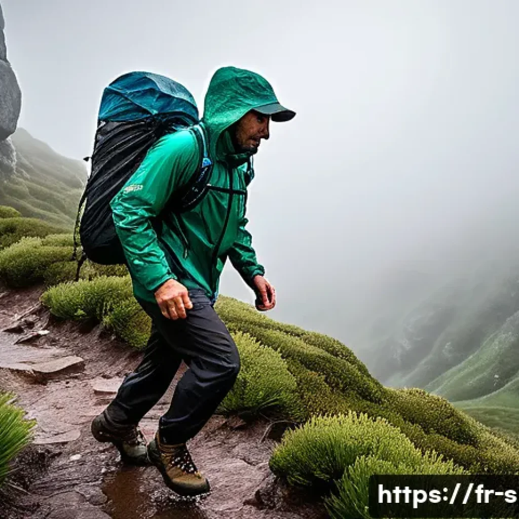 전천후 하이킹 자켓 리뷰 - **Waterproof Resilience in the Mountains**
    A determined male hiker, approximately 30 years old, ...