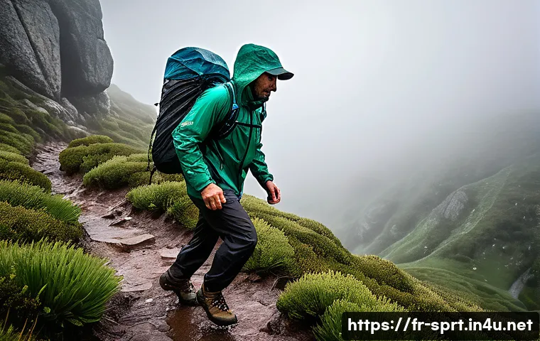 전천후 하이킹 자켓 리뷰 - **Waterproof Resilience in the Mountains**
    A determined male hiker, approximately 30 years old, ...