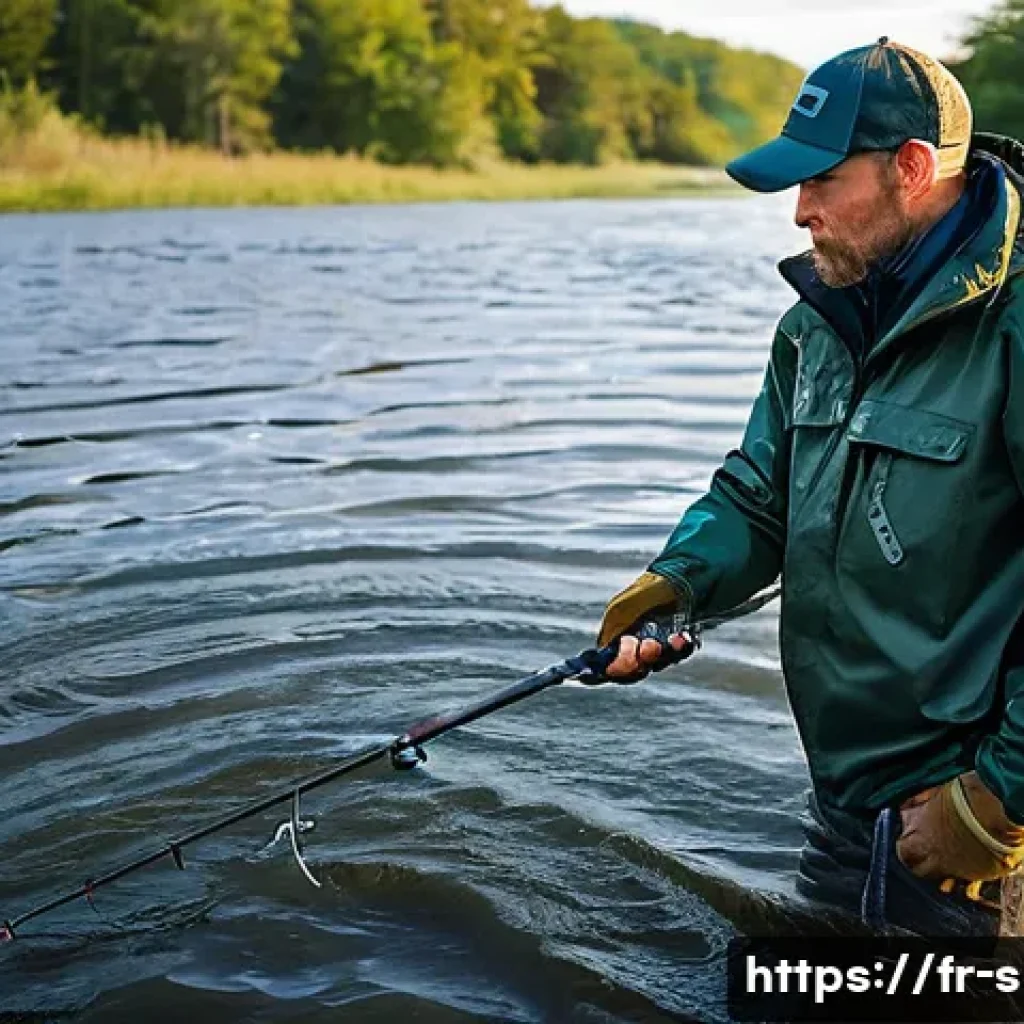 피싱릴 기어비별 사용법 - **Prompt 1: Power Fishing with Low Gear Ratio**
A determined male angler, in his late 30s, weari...