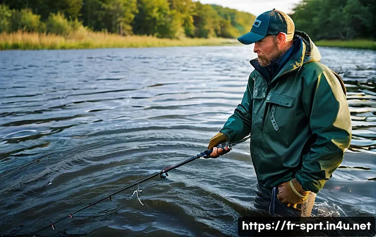 피싱릴 기어비별 사용법 - **Prompt 1: Power Fishing with Low Gear Ratio**
A determined male angler, in his late 30s, weari...