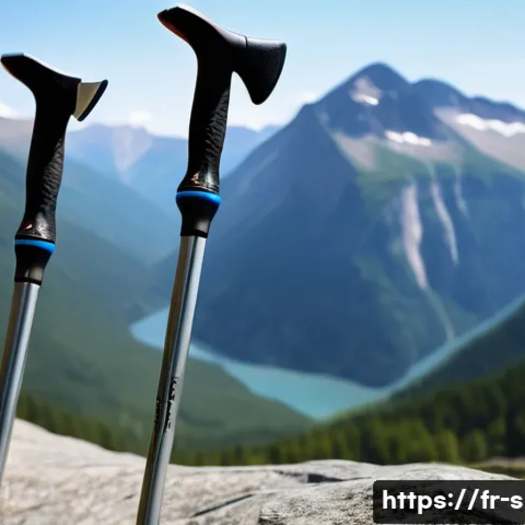 하이킹 폴 추천 및 사용법 - A detailed close-up of two hiking poles side by side on a rocky mountain trail: one made of sturdy a...