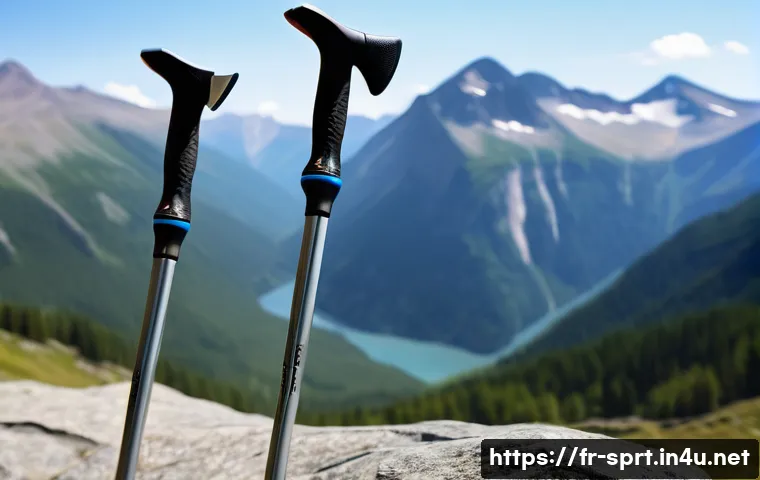 하이킹 폴 추천 및 사용법 - A detailed close-up of two hiking poles side by side on a rocky mountain trail: one made of sturdy a...