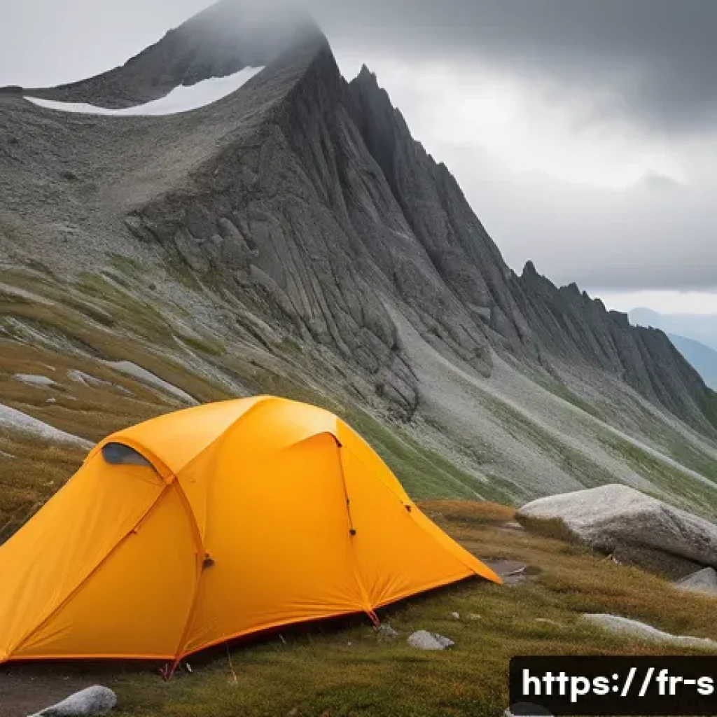 초경량 백패킹 텐트 추천 - A lightweight backpacking scene featuring a compact ultralight two-person tent pitched on a rocky mo...