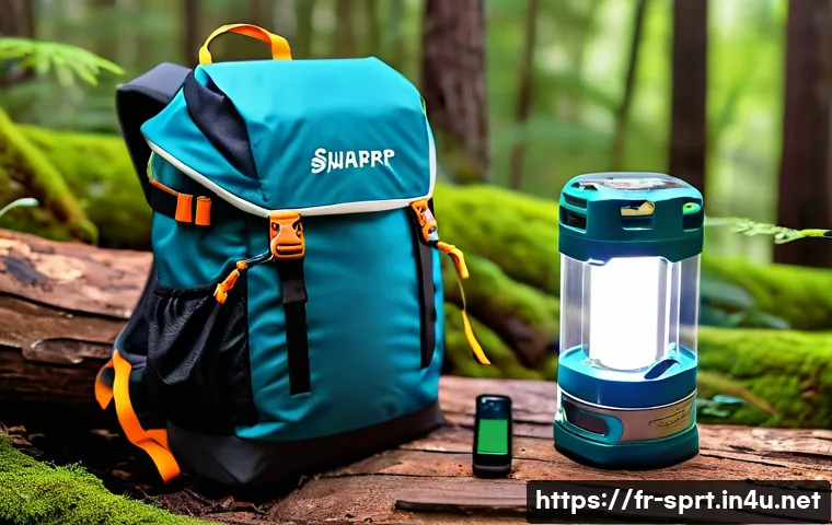 핸드크랭크 캠핑용 발전기 - A compact, lightweight manual crank generator designed for camping use, shown in a natural forest se...