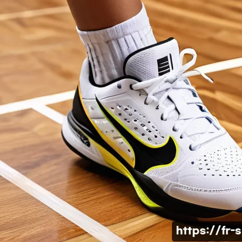 라켓 스포츠용 신발 리뷰 - A close-up shot of a pair of high-performance racket sport shoes designed for indoor use, placed on ...