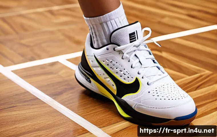 라켓 스포츠용 신발 리뷰 - A close-up shot of a pair of high-performance racket sport shoes designed for indoor use, placed on ...