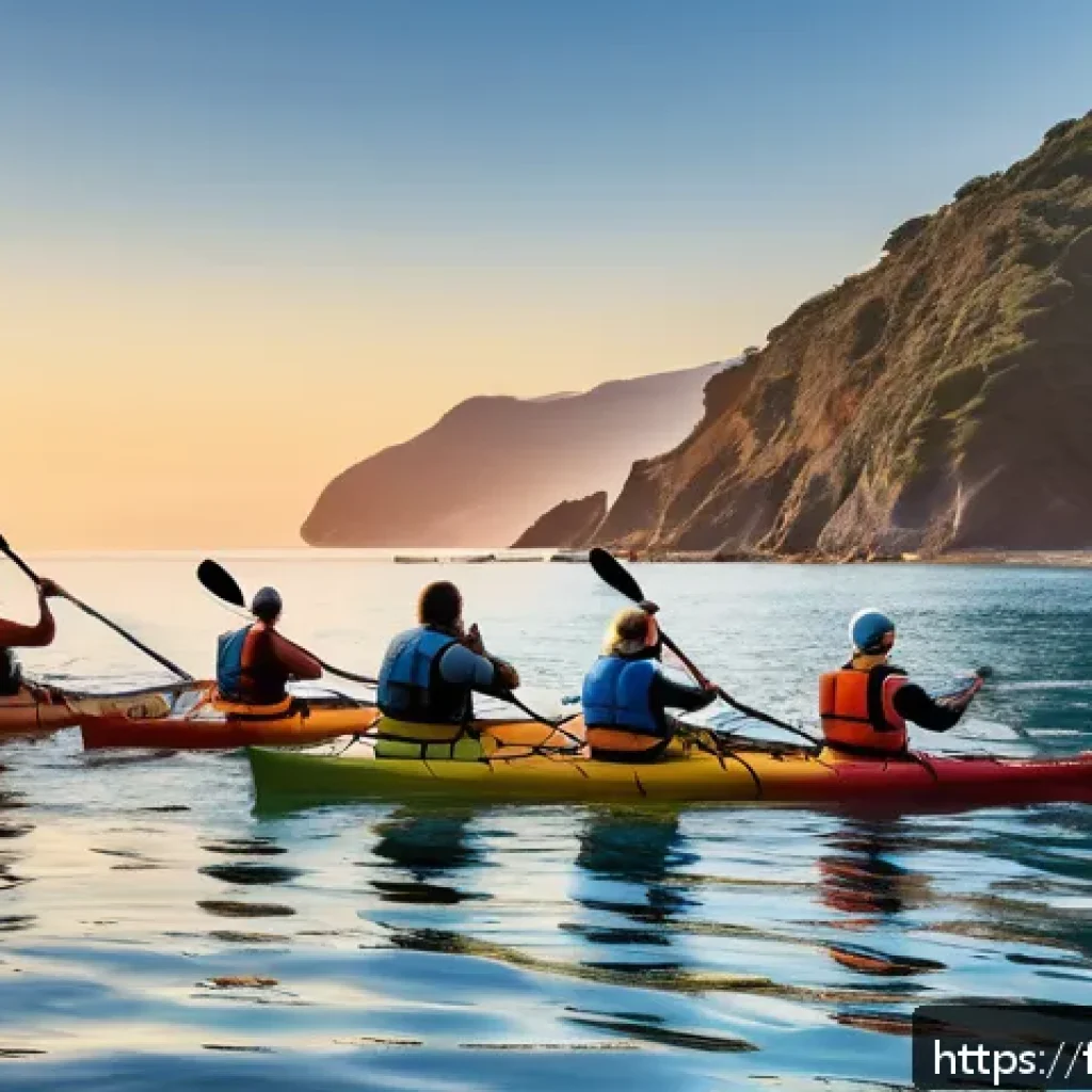초보자를 위한 카약 패들 길이 - A detailed scene showing a diverse group of adult kayakers on a calm sea at sunset, each using diffe...