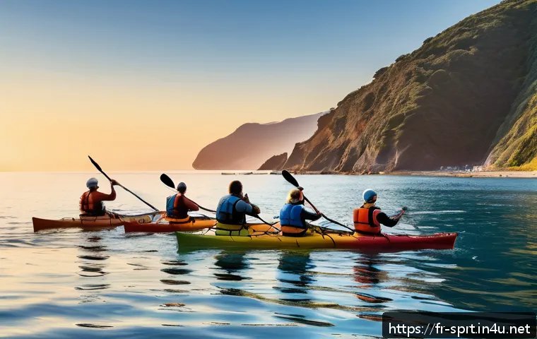 초보자를 위한 카약 패들 길이 - A detailed scene showing a diverse group of adult kayakers on a calm sea at sunset, each using diffe...