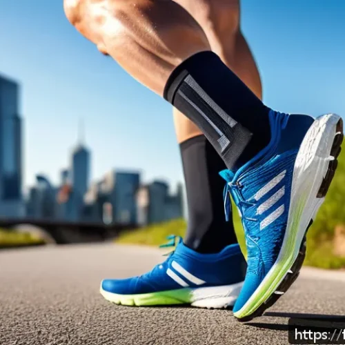 Home 32 스포츠용 압박 양말 추천 - A detailed close-up of a pair of sporty compression socks being worn by an adult athlete running on ...