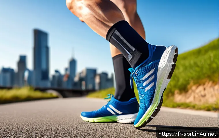 스포츠용 압박 양말 추천 - A detailed close-up of a pair of sporty compression socks being worn by an adult athlete running on ...