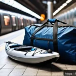 Home 19 자동 팽창식 카약 리뷰 - A lightweight, compact inflatable kayak packed neatly into a durable waterproof backpack, resting on...