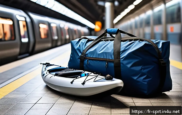 자동 팽창식 카약 리뷰 - A lightweight, compact inflatable kayak packed neatly into a durable waterproof backpack, resting on...