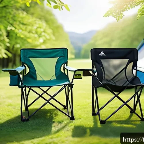 Home 30 캠핑용 접이식 의자 추천 - A lightweight, portable camping chair set in a lush green forest during a summer festival, featuring...