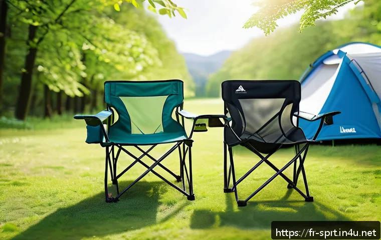 캠핑용 접이식 의자 추천 - A lightweight, portable camping chair set in a lush green forest during a summer festival, featuring...