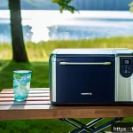 Home 23 캠핑용 냉장고 전력 소비 비교 - A detailed outdoor camping scene featuring a modern compressor refrigerator model Dometic CFX3 35 pl...