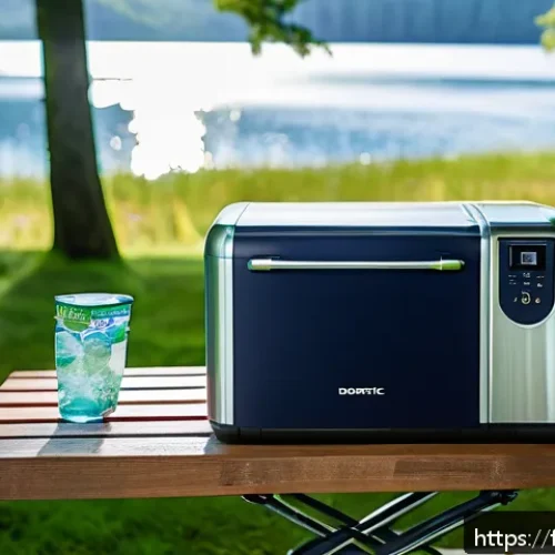 Home 17 캠핑용 냉장고 전력 소비 비교 - A detailed outdoor camping scene featuring a modern compressor refrigerator model Dometic CFX3 35 pl...