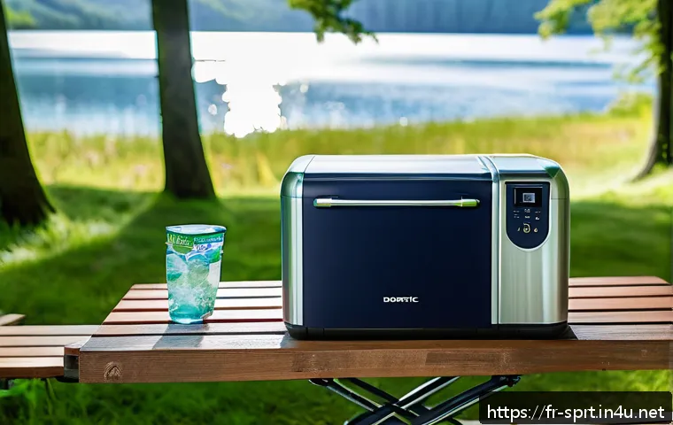 캠핑용 냉장고 전력 소비 비교 - A detailed outdoor camping scene featuring a modern compressor refrigerator model Dometic CFX3 35 pl...