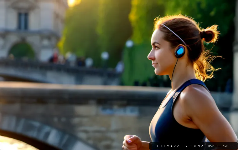 야외 운동용 무선 이어폰 - Photorealistic French woman jogging beside the Seine in Paris at sunrise, wearing secure black wirel...