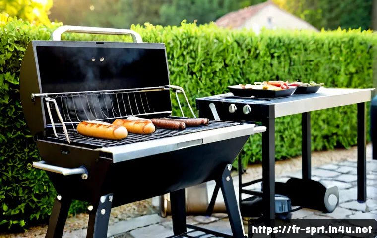 Home 17 야외 BBQ 그릴 성능 비교 - Photorealistic outdoor barbecue grill performance comparison in a sunny French garden, two distinct ...