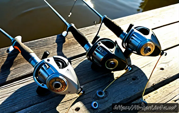 낚시 릴 가이드와 추천 모델 - Photorealistic top-down comparison scene of three unbranded fishing reels for different styles: comp...
